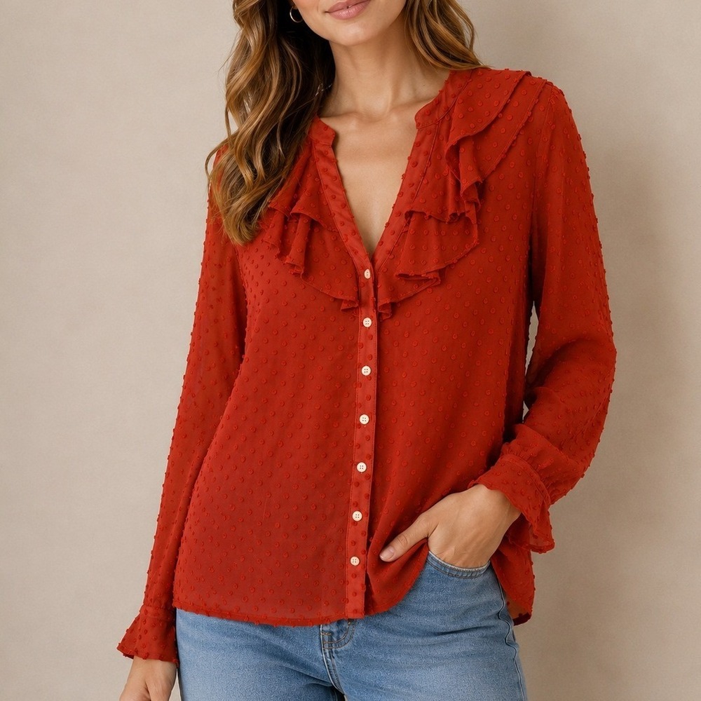 J. Crew Clip Dot Blouse Women XL Red  Excellent Ruffle V-Neck Long Sleeve Top